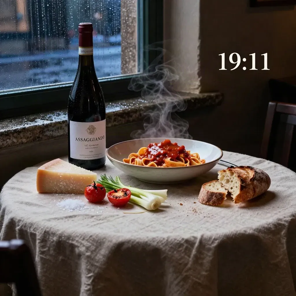 Tavola da trattoria con tagliatelle al ragù, nebbiolo, pecorino e finestra piovosa al crepuscolo.