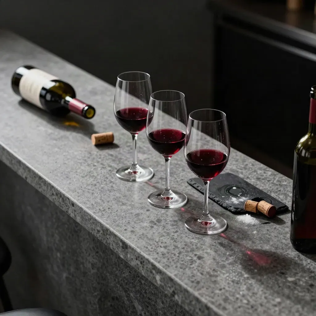 Tre calici di vino rosso su banco in pietra, bottiglia aperta, sugheri e vassoio in ardesia.