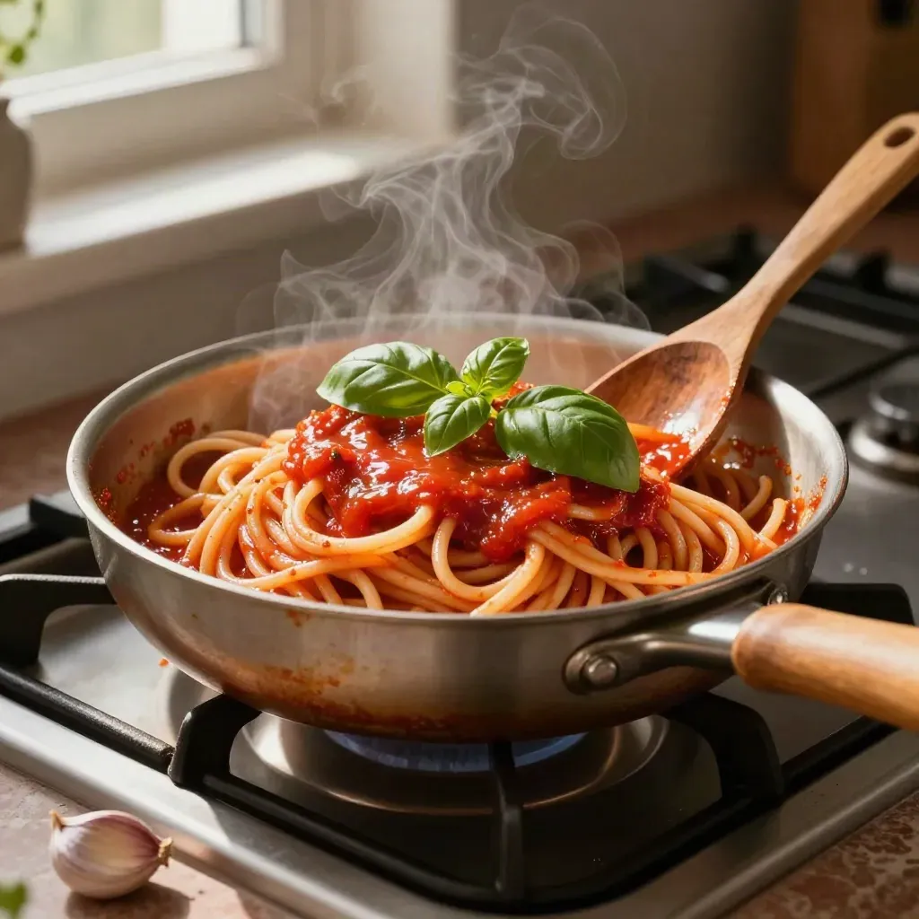 Pentola di pasta al pomodoro con basilico, aglio e cucchiaio di legno, in vapore caldo.