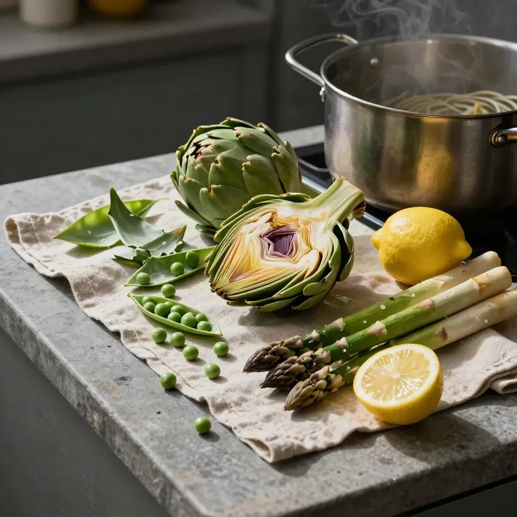 Dall’alto carciofi, piselli, asparagi, limone e pasta in cottura su banco di pietra.