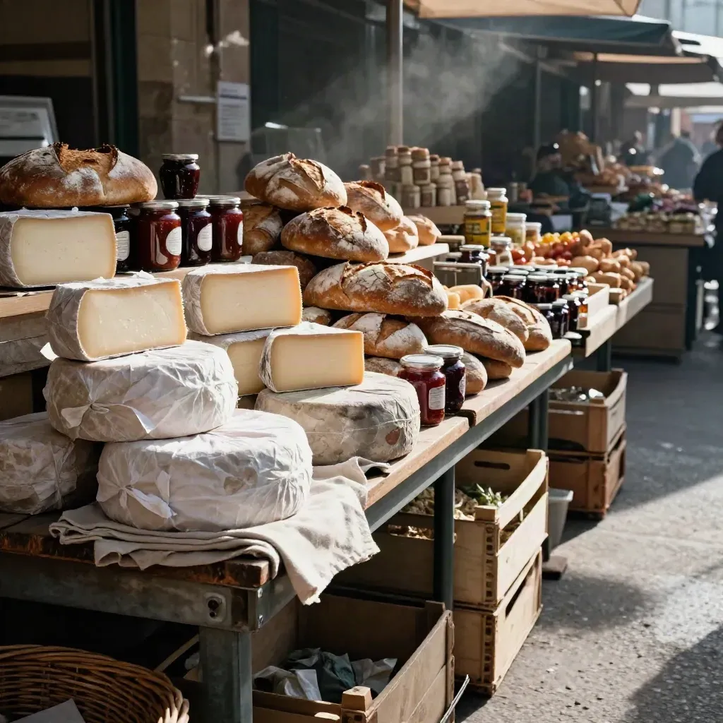 Banco del mercato con formaggi, pane e conserve in attesa dei primi clienti.
