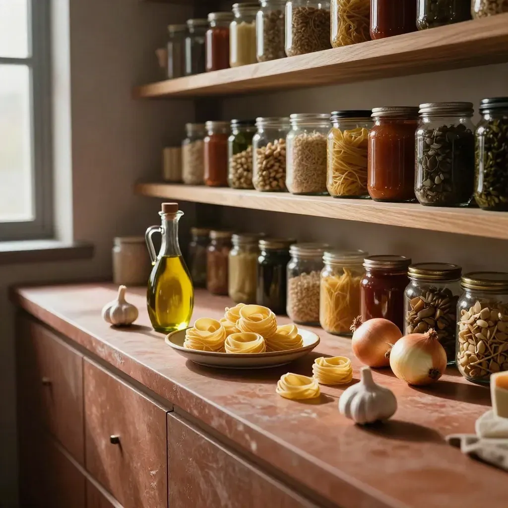 Dispensa italiana con pasta secca, olio, cipolle e barattoli in luce drammatica.