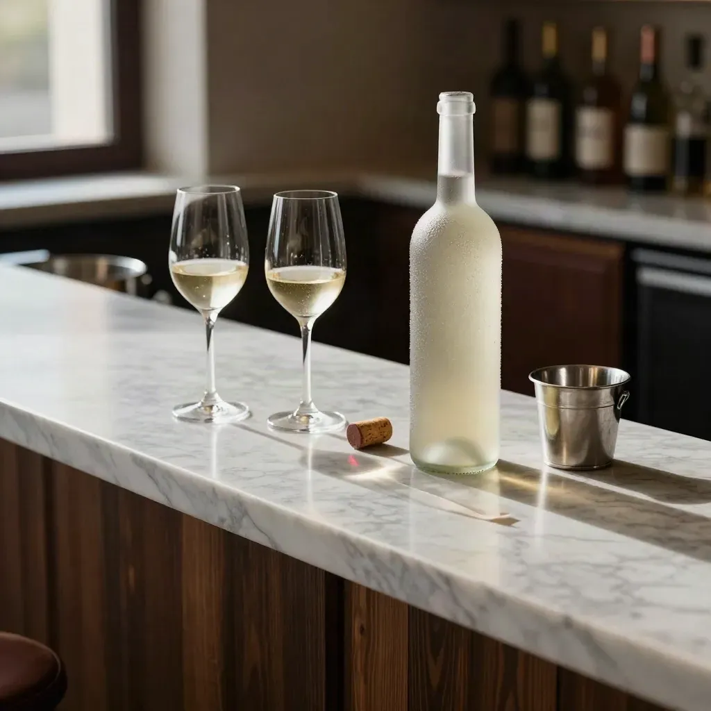 Bottiglia di vino bianco, due calici e secchiello su banco di marmo, luce radente.