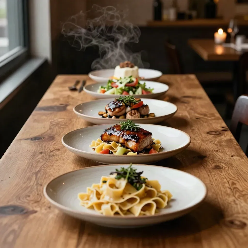Cinque portate in una trattoria calda, su ceramiche diverse con vapore e luce morbida.