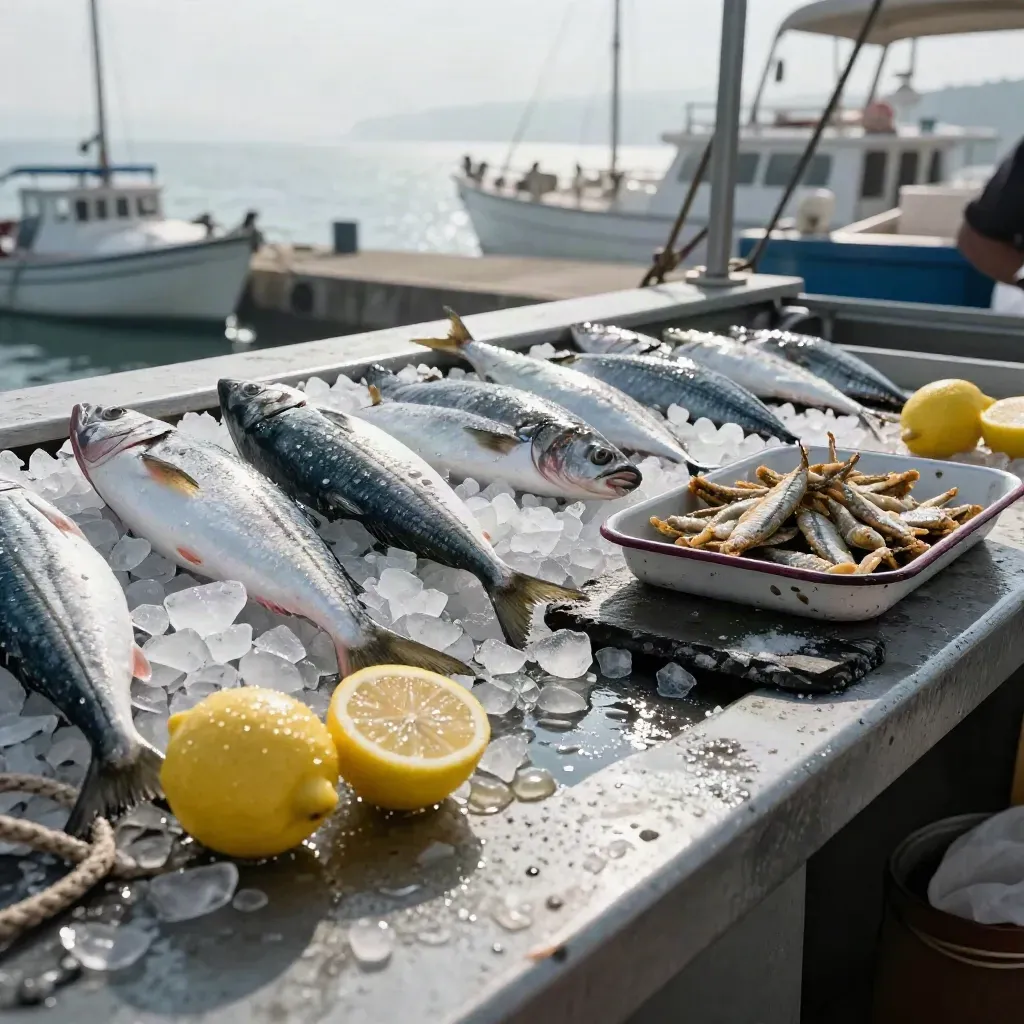 Banco del pesce sul porto con branzini, limoni e alici fritte sul ghiaccio