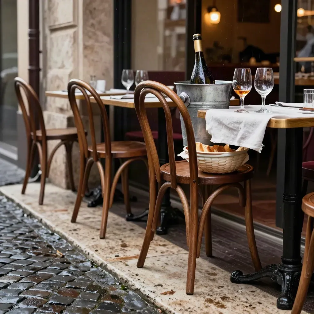 Saletta di trattoria romana con sedie impilate, secchiello con bottiglia e bicchieri vuoti.
