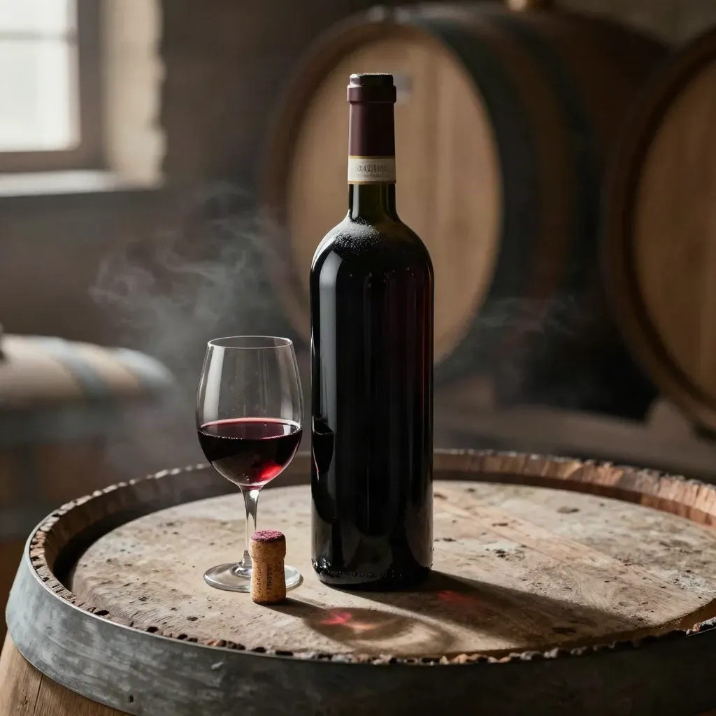 Bottiglia di Barolo, calice ampio, tappo aperto e botte in cantina, luce calda e atmosfera fumosa.