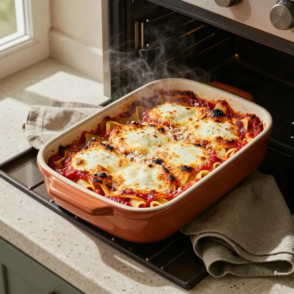 Pasta al forno fumante in teglia di ceramica, vista dall’alto con crosta dorata.