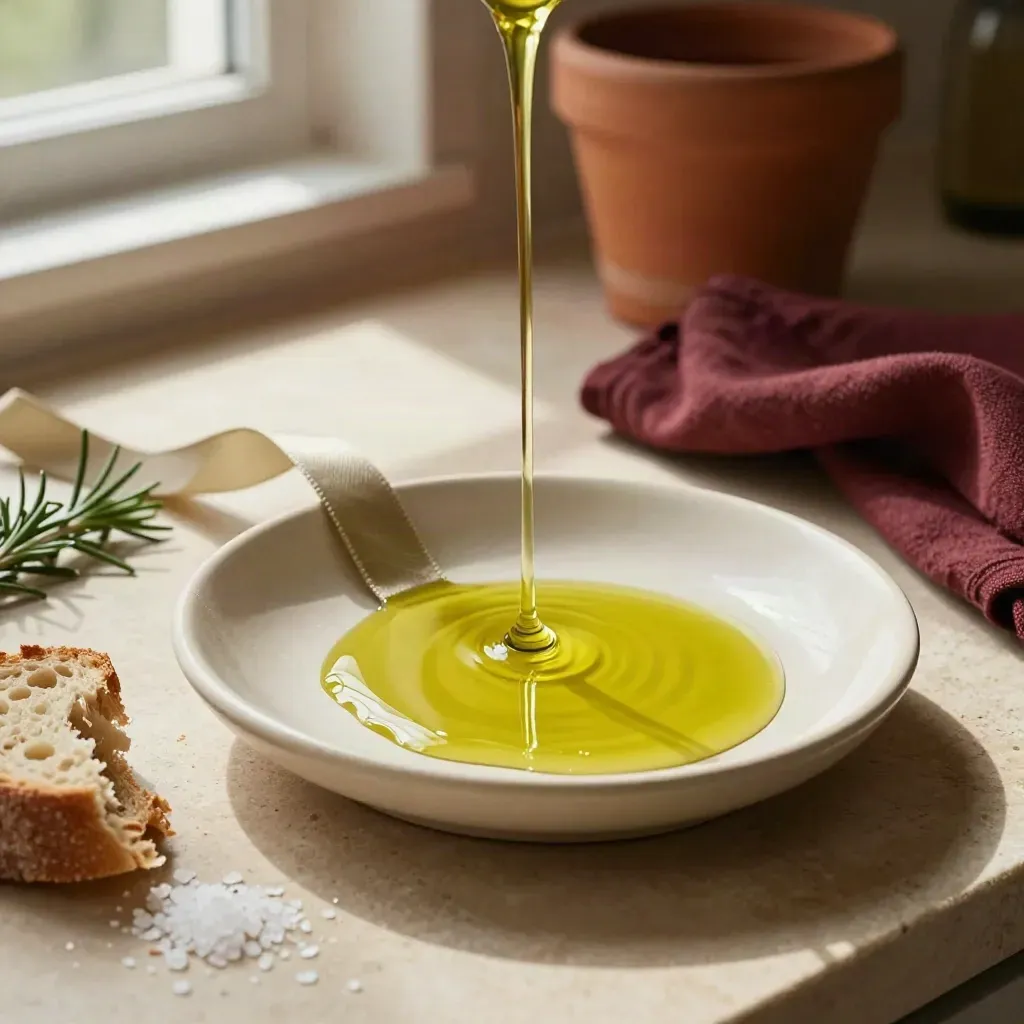 Piattino in ceramica con olio nuovo, pane, sale e rosmarino in luce calda