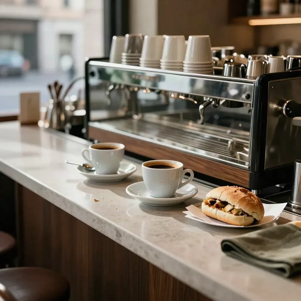 Banco di bistrot milanese con caffè, panino e vetrina riflettente, luce calda di finestra.