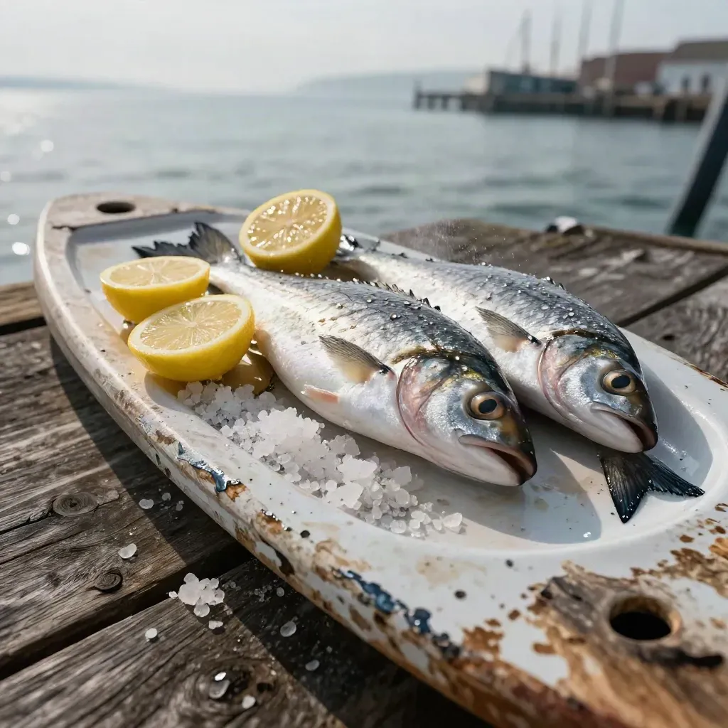 Tagliere di pesce con orata, limoni e sale grosso, sullo sfondo mare sfocato.