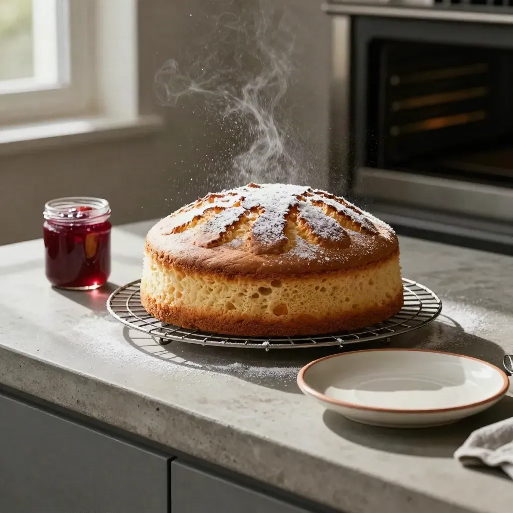 Torta fatta in casa su griglia, con zucchero a velo, vasetto di marmellata e piattino in ceramica.