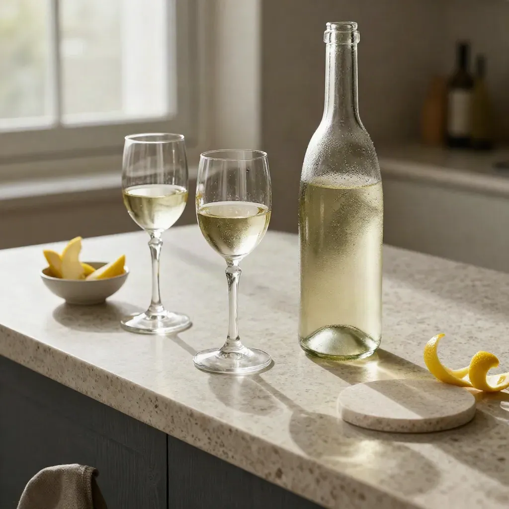 Bottiglia di vino bianco freddo con due calici, scorze di limone e sottobicchiere in pietra.
