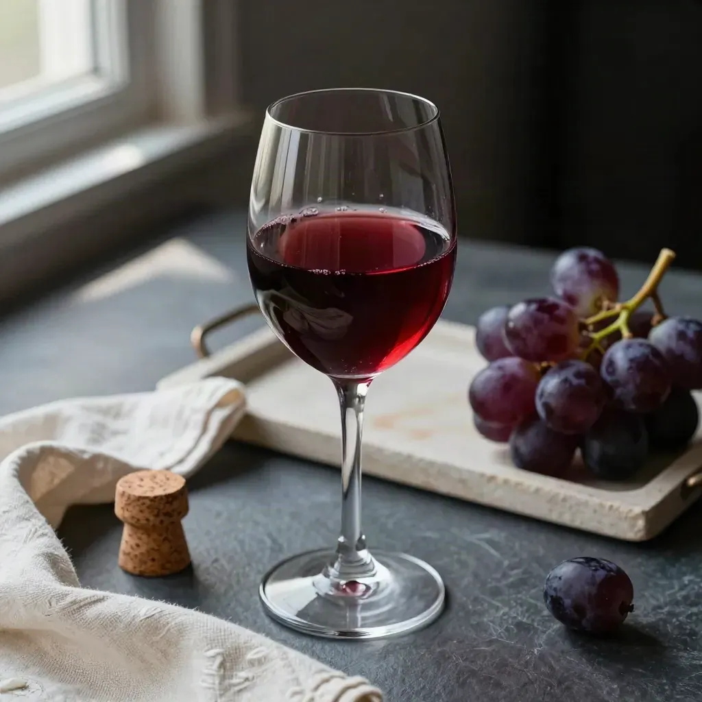 Calice da vino con vortice rosso, su vassoio di pietra con sughero, lino e grappolo d’uva