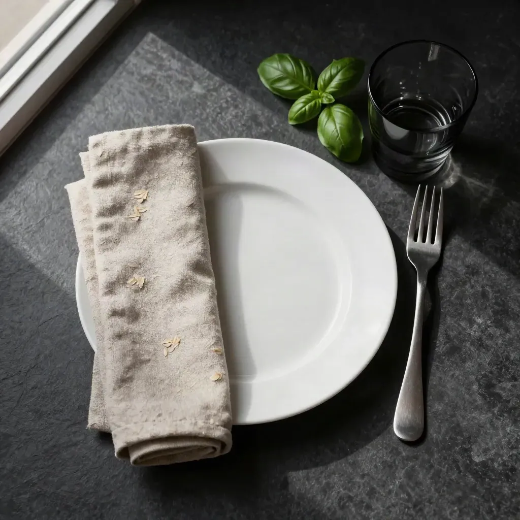Piattino bianco con lino, posate, basilico e bicchiere su pietra scura.