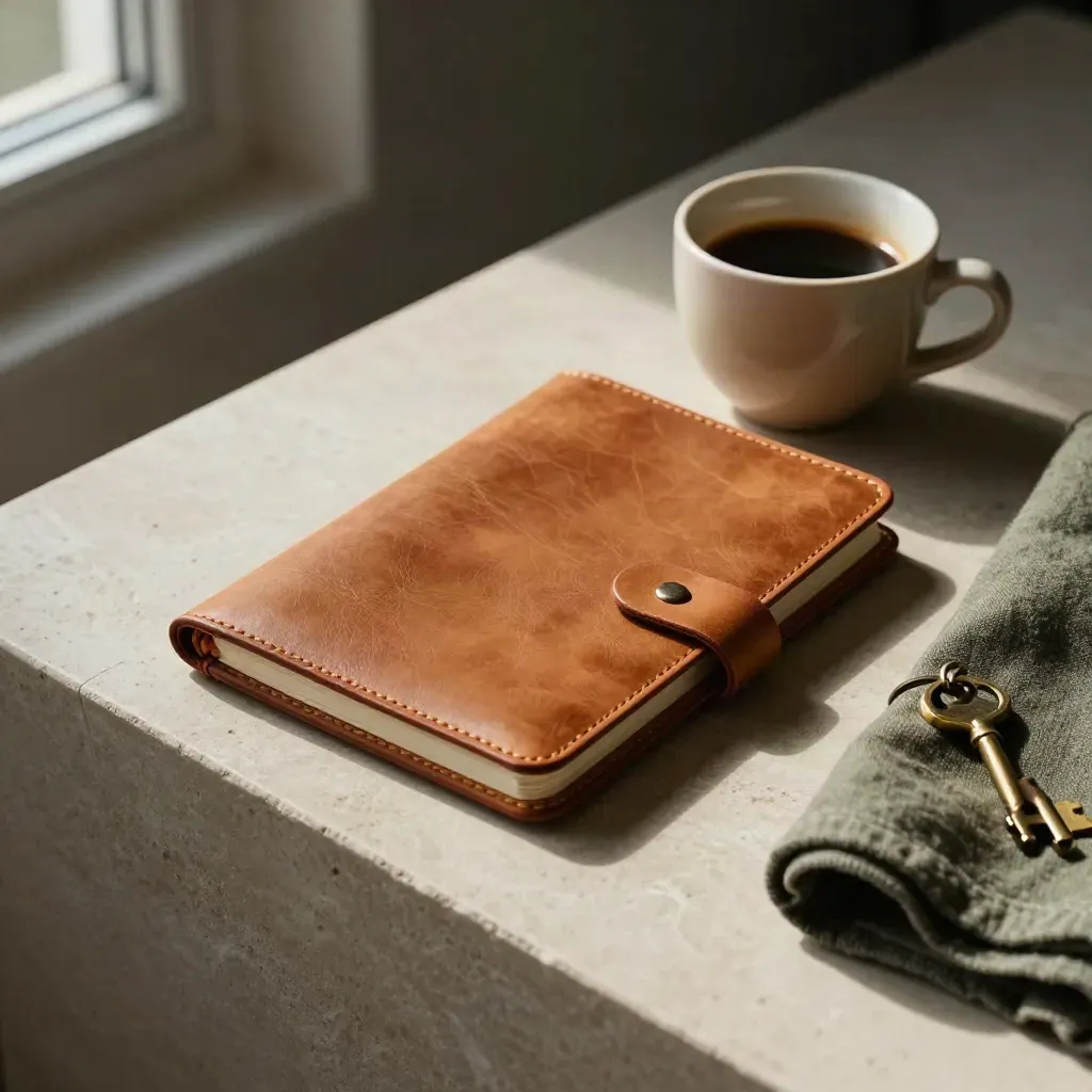 Taccuino in pelle, tazza di espresso, chiave in ottone e lino su pietra chiara.