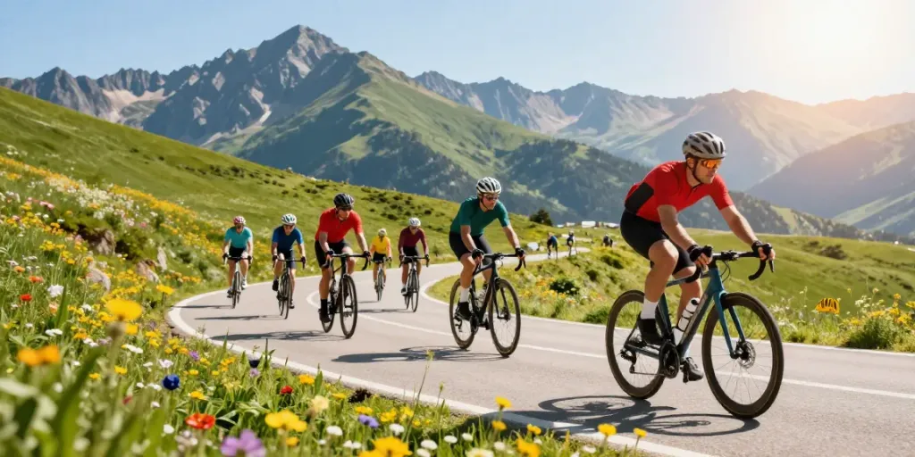 Cyclists in vibrant gear riding on a scenic road, embodying the spirit of ciclismo.