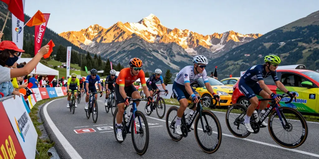 Ritratto di ciclisti professionisti in gara, rappresentando l'energia del ciclismo con una vista suggestiva sulle montagne.
